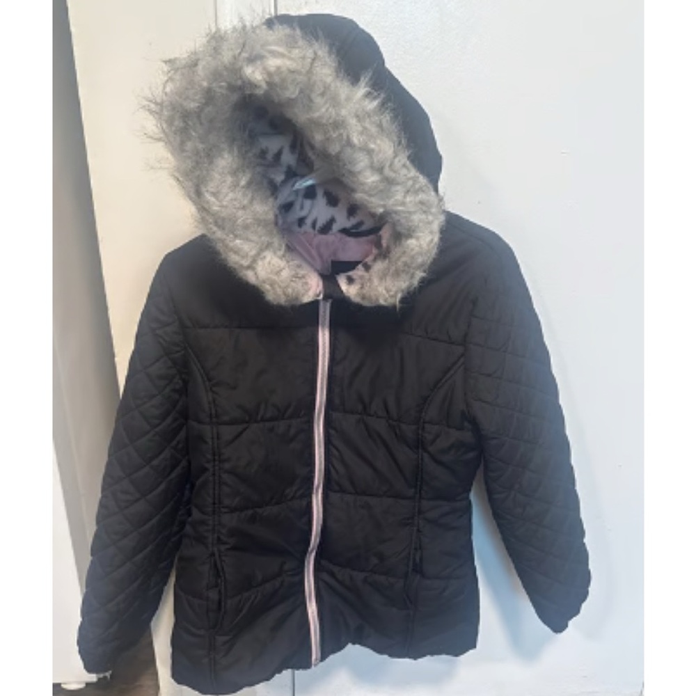 Kids Jessica Simpson Black Quilted Jacket with Faux Fur Hood